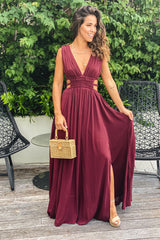 Wine V Neck Maxi Dress With Cut Out And Slit
