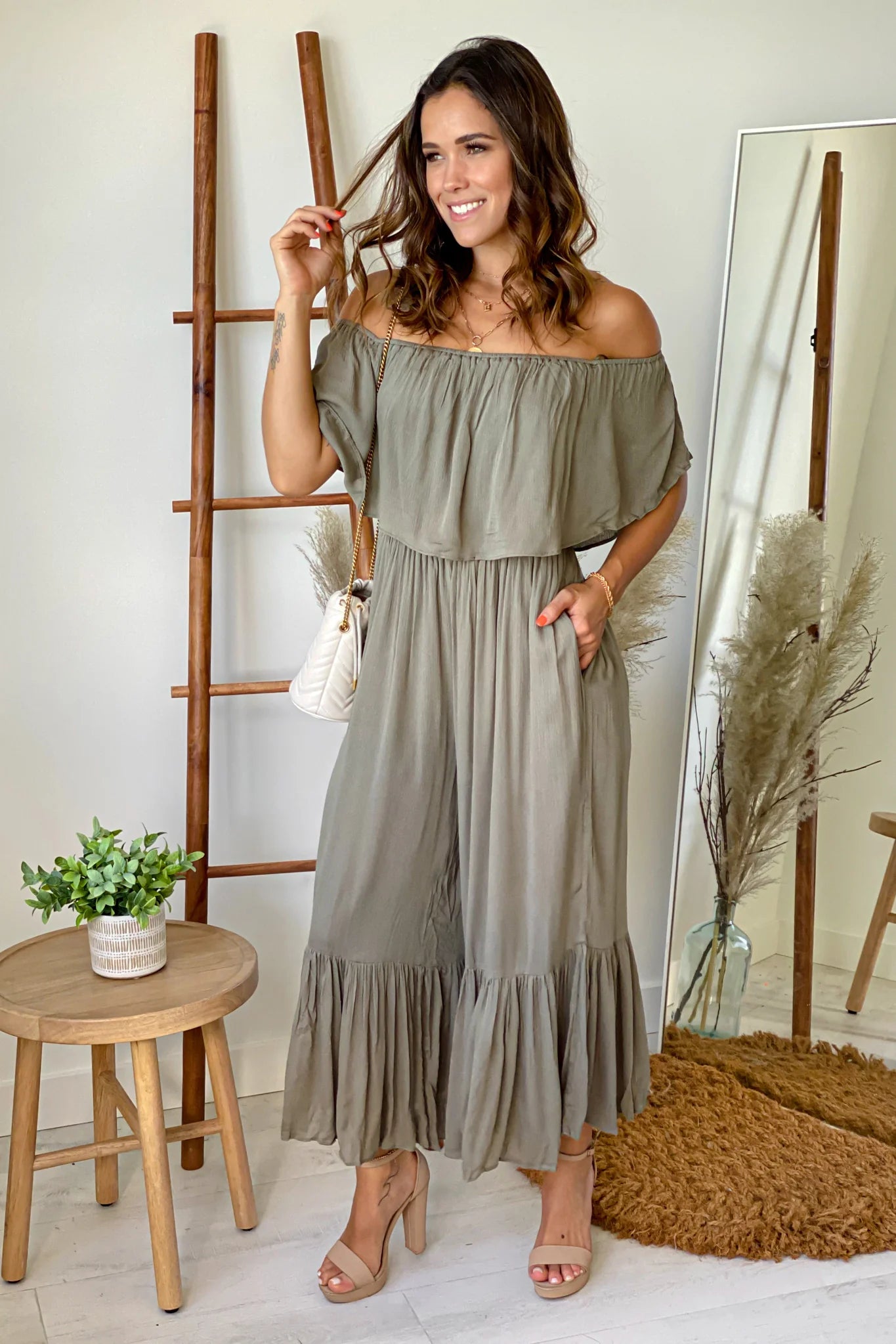 Olive Off Shoulder Jumpsuit