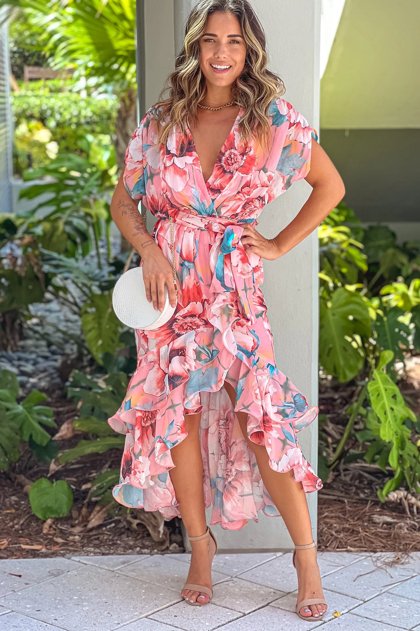 Salmon Floral Ruffled High Low Dress
