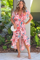 Salmon Floral Ruffled High Low Dress