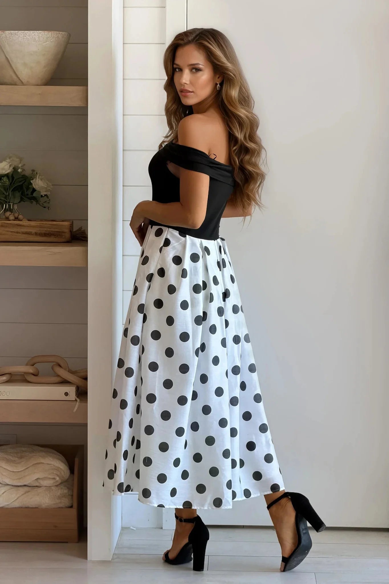 Black And White Polka Dot Off Shoulder Midi Dress