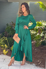 Hunter Green Satin Maxi Dress With Slit And Long Sleeves