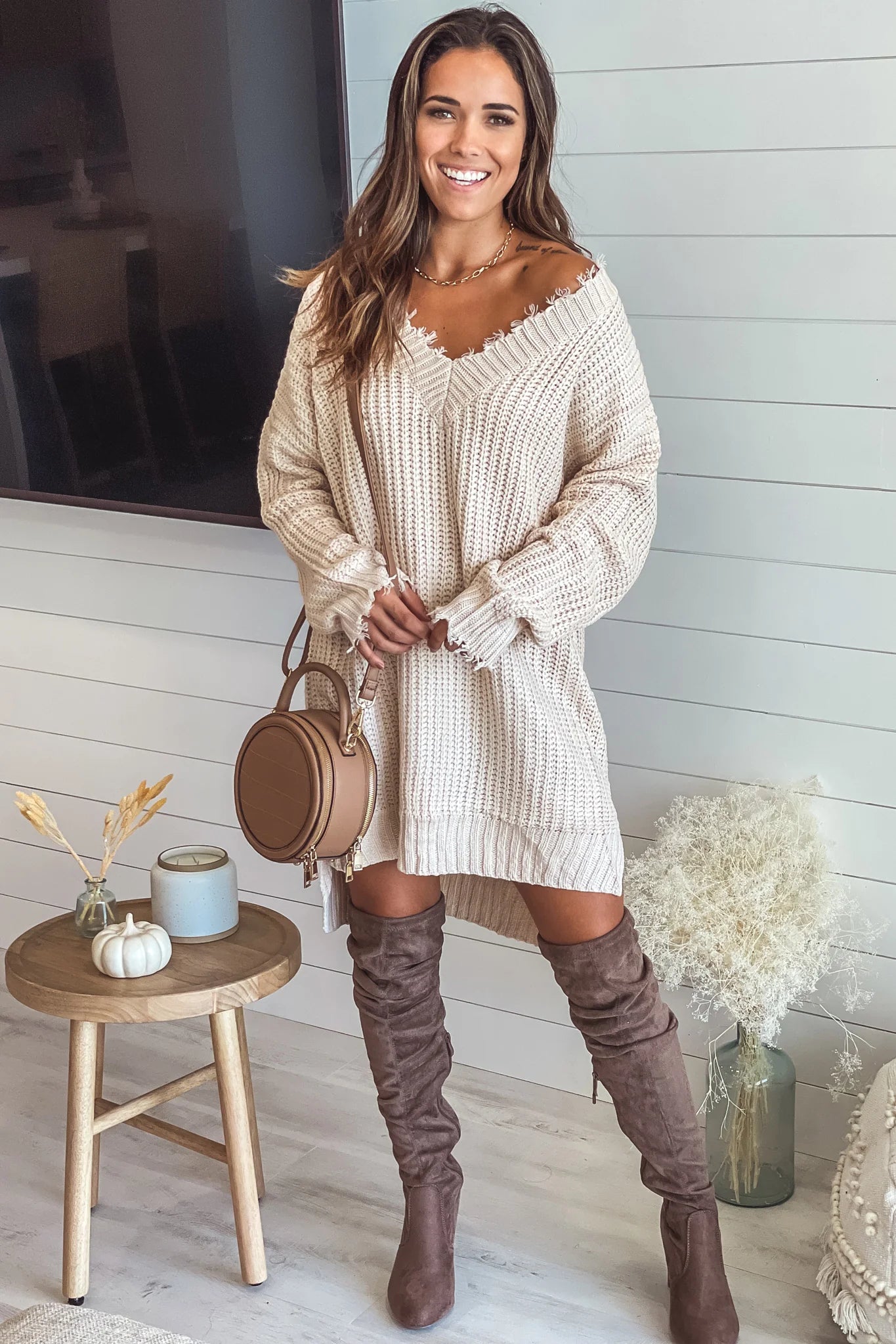 Cream Frayed V Neck Sweater Dress