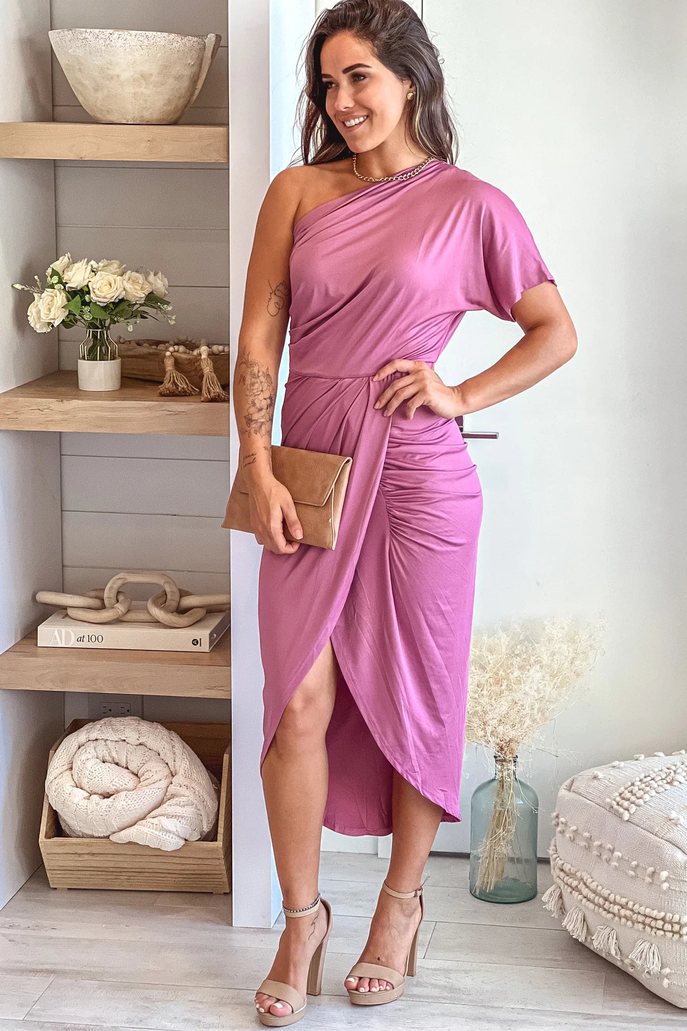Mauve One Shoulder Midi Dress