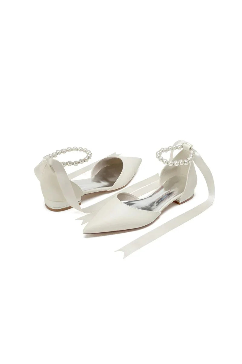 Pointed Toe Ankle Strap Pearl Beaded Ivory Ribbons Low Heels