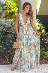 Mint Floral V Neck Maxi Dress With Lace Up Back