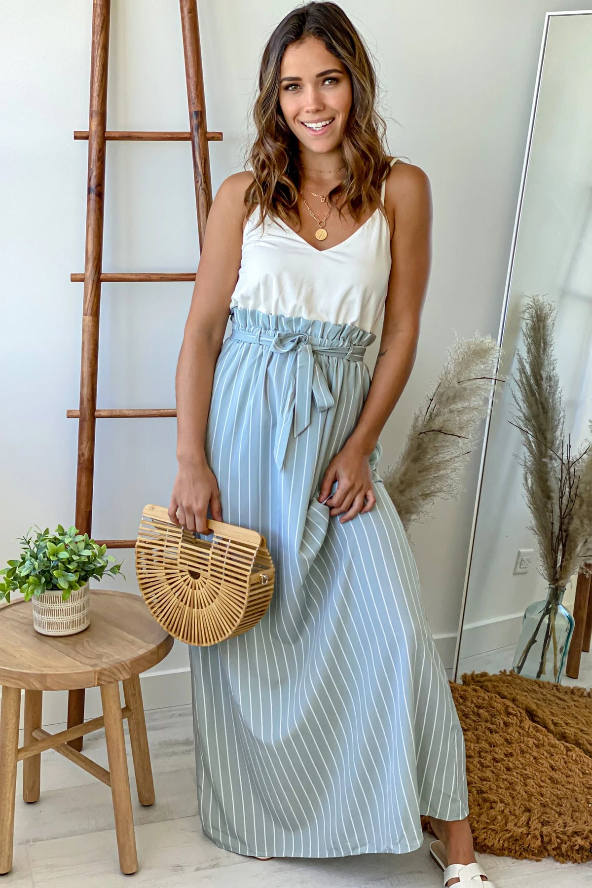 White and Light Blue Striped Maxi Dress