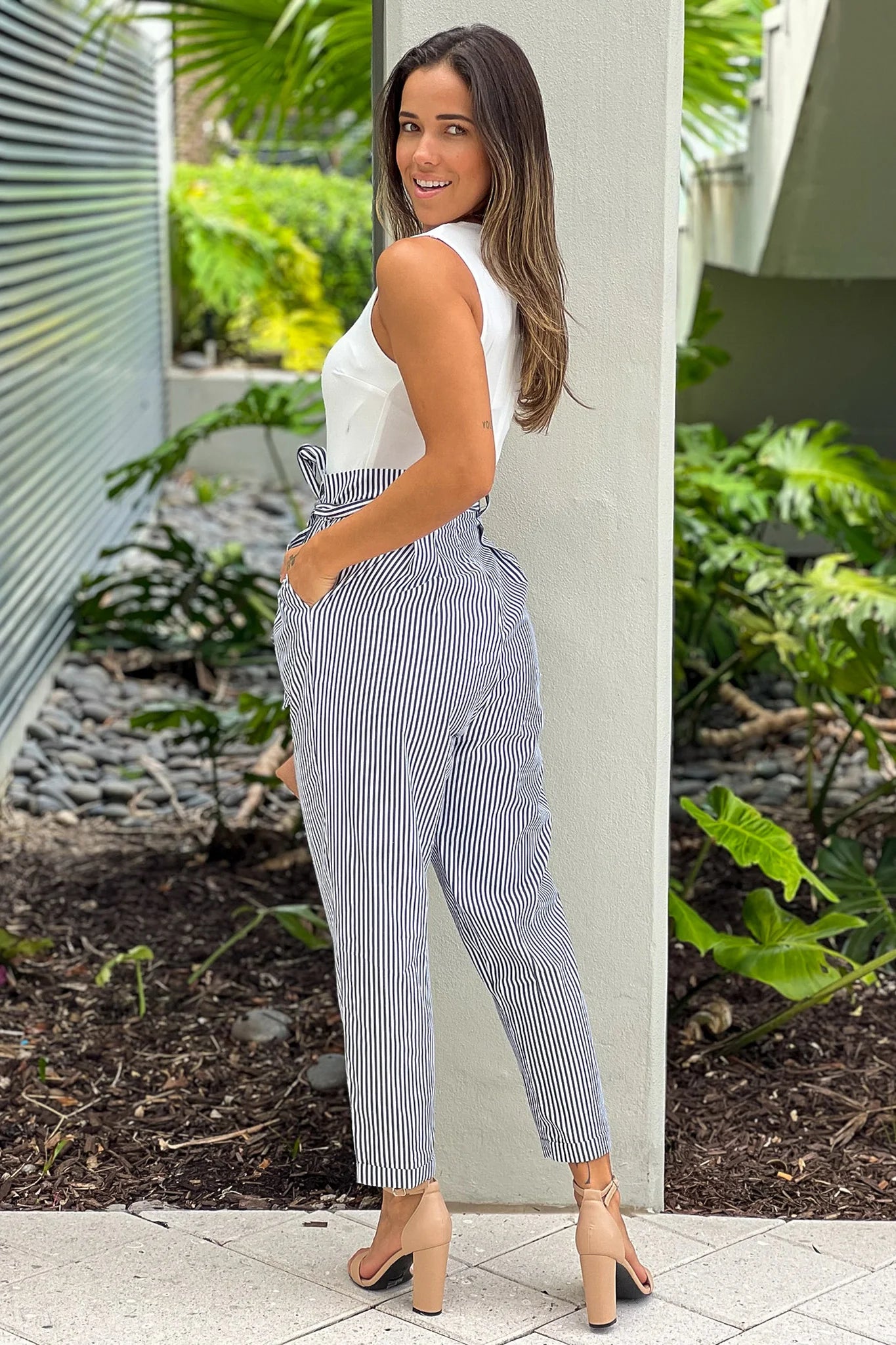 Black Striped Jumpsuit With Tie Belt