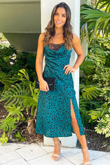Teal Printed Midi Dress With Lace Detail