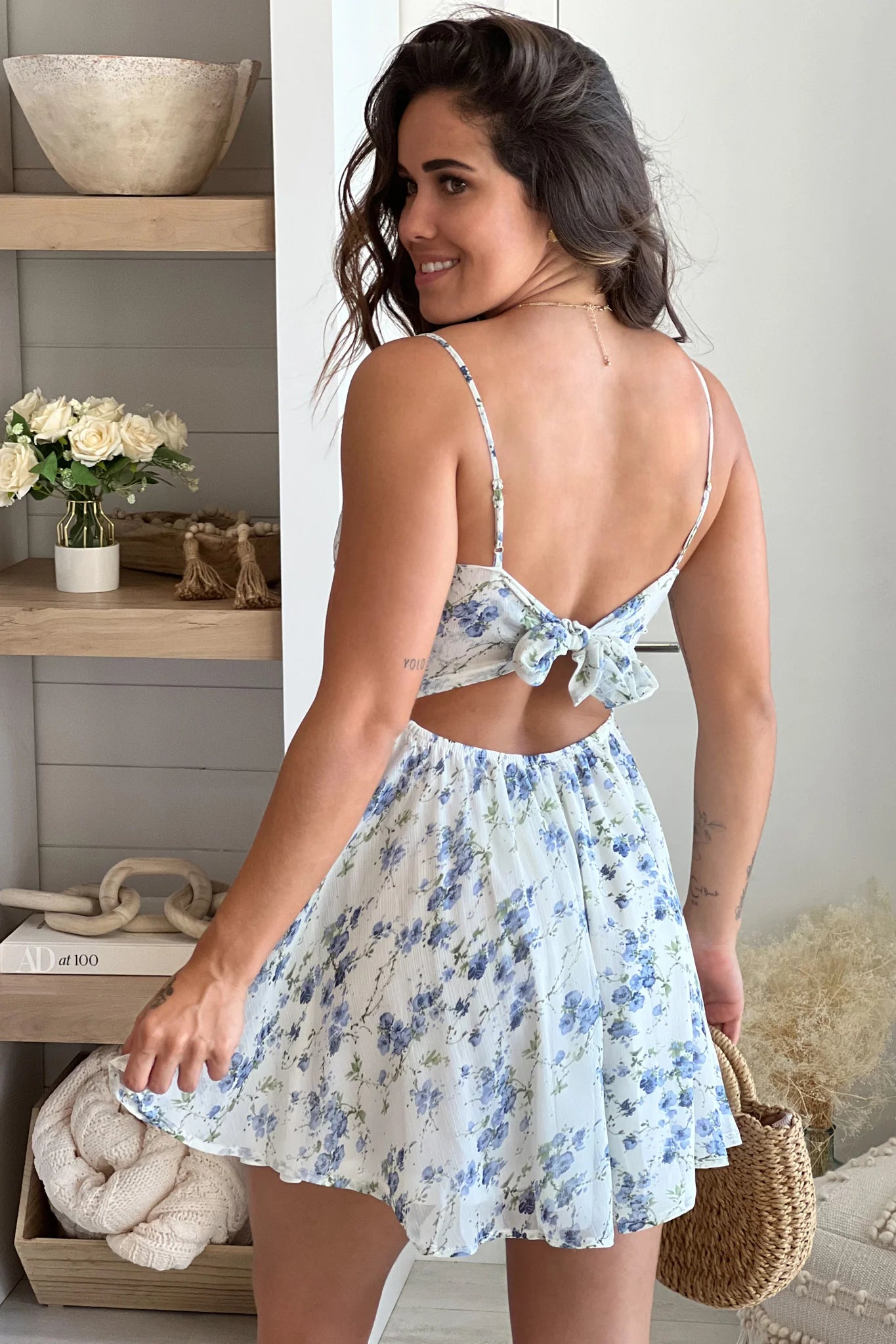 Ivory And Blue Floral Chiffon Short Dress With Tie Back
