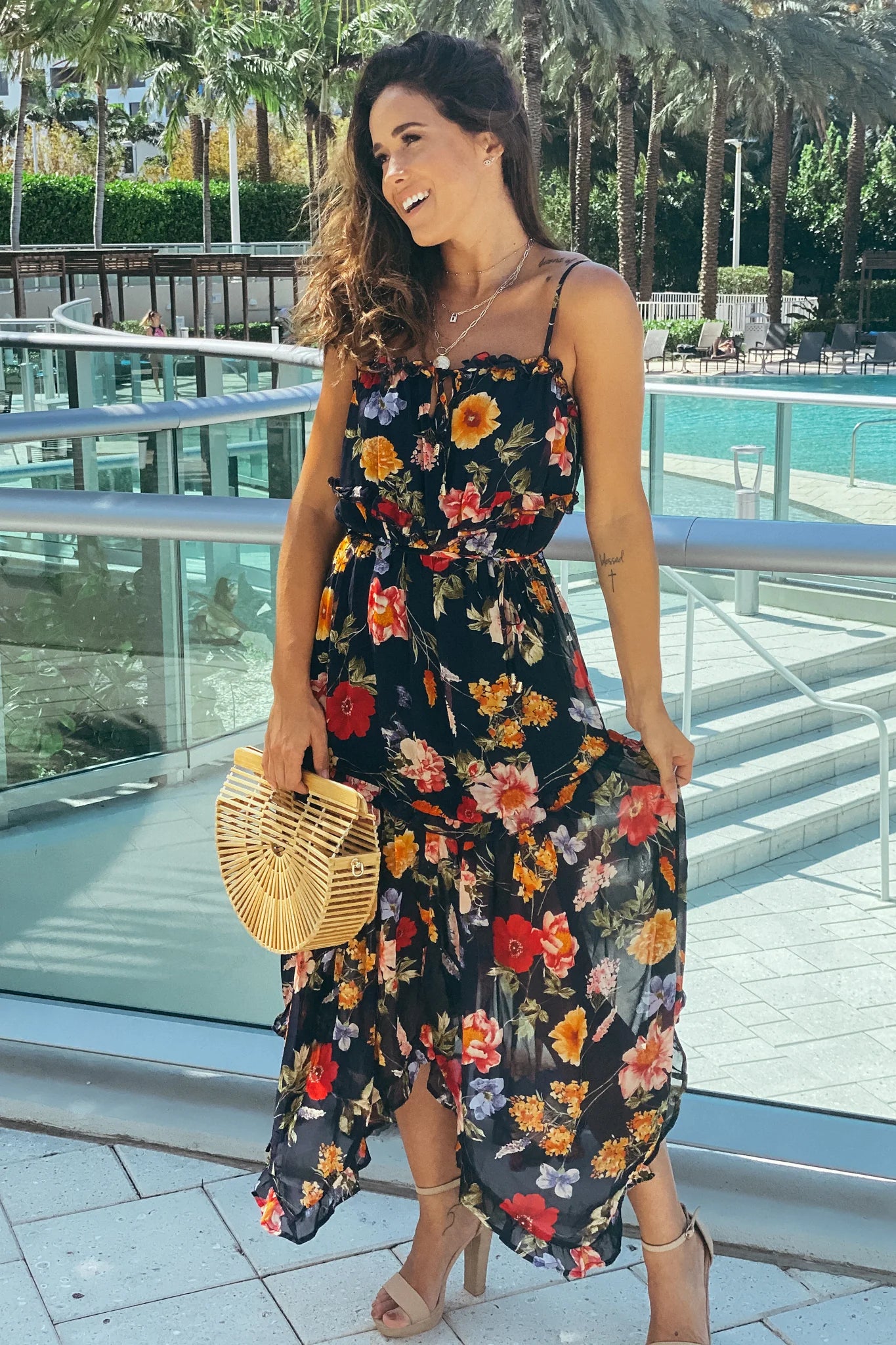 Navy Floral Asymmetrical Dress