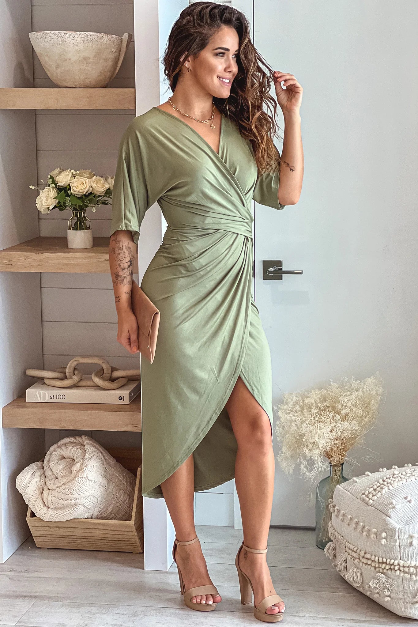 Olive Asymmetrical Ruched Dress