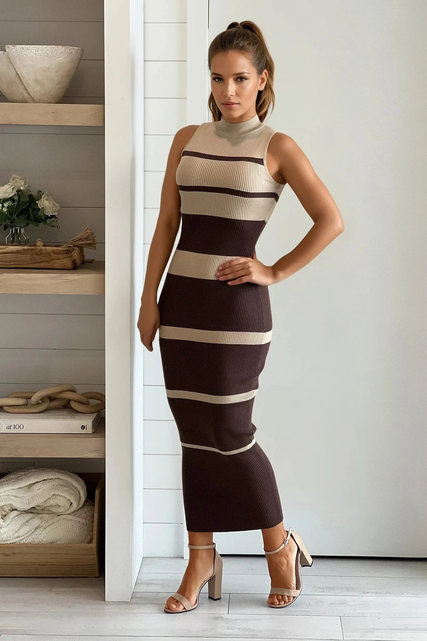 Chocolate Striped Mock Neck Sweater Dress