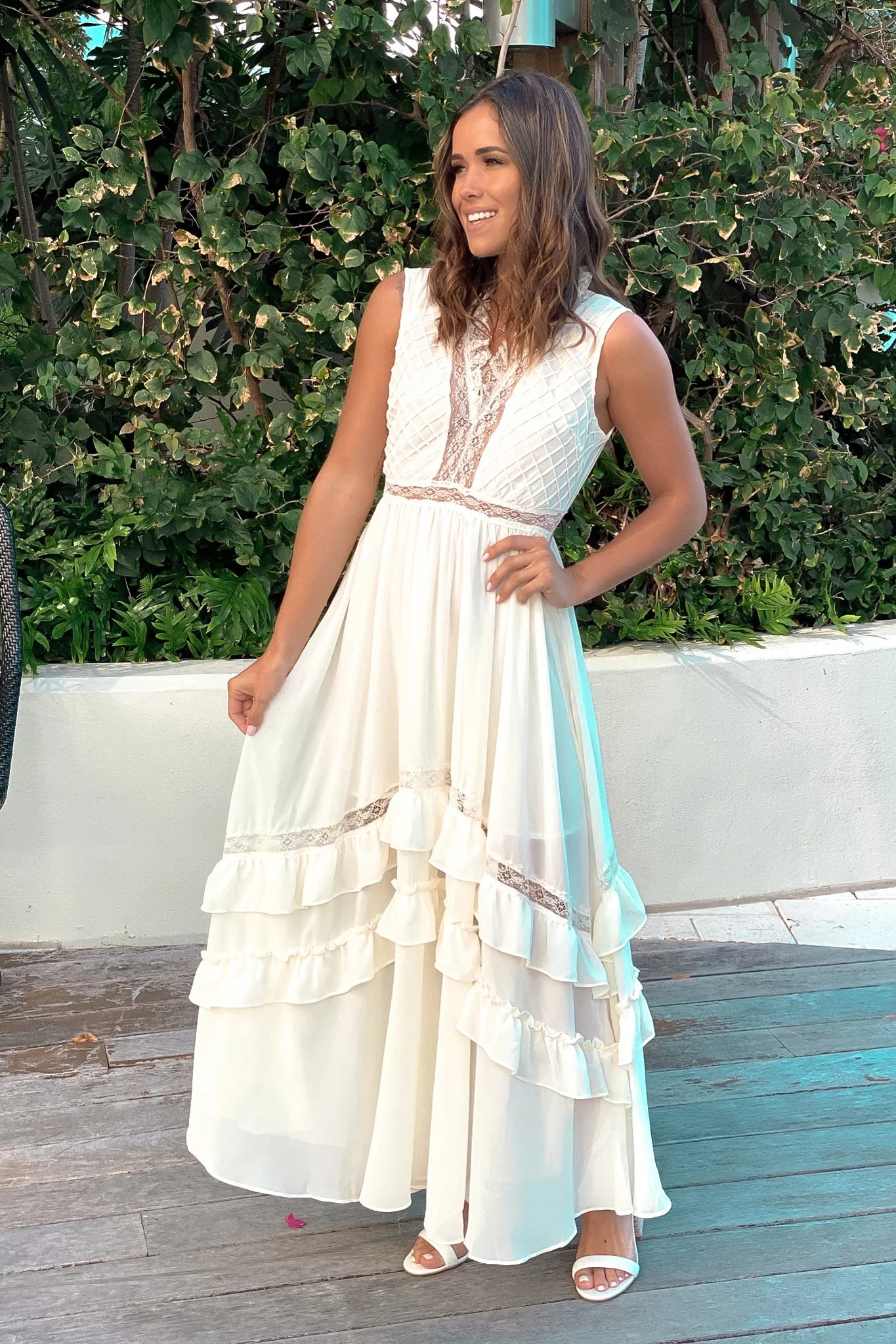 Ivory Ruffled Pintuck Dress