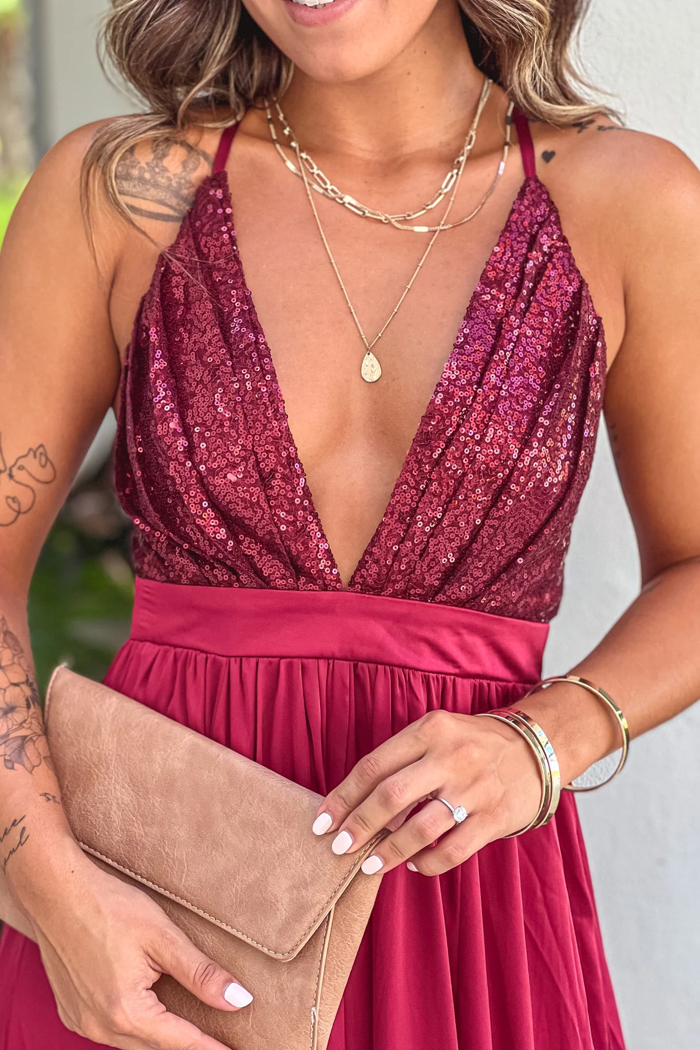 Red V Neck Sequin Top Maxi Dress