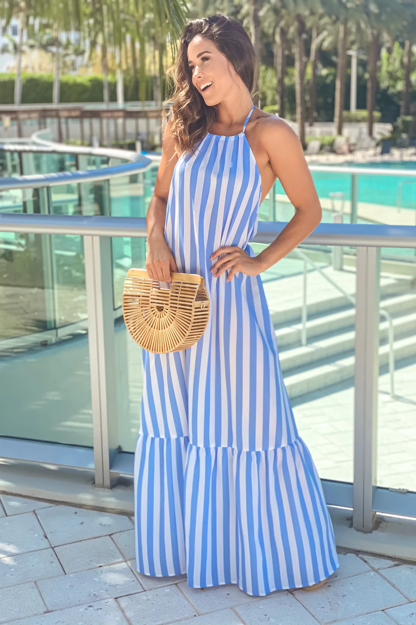 White And Blue Striped Maxi Dress With Open Back