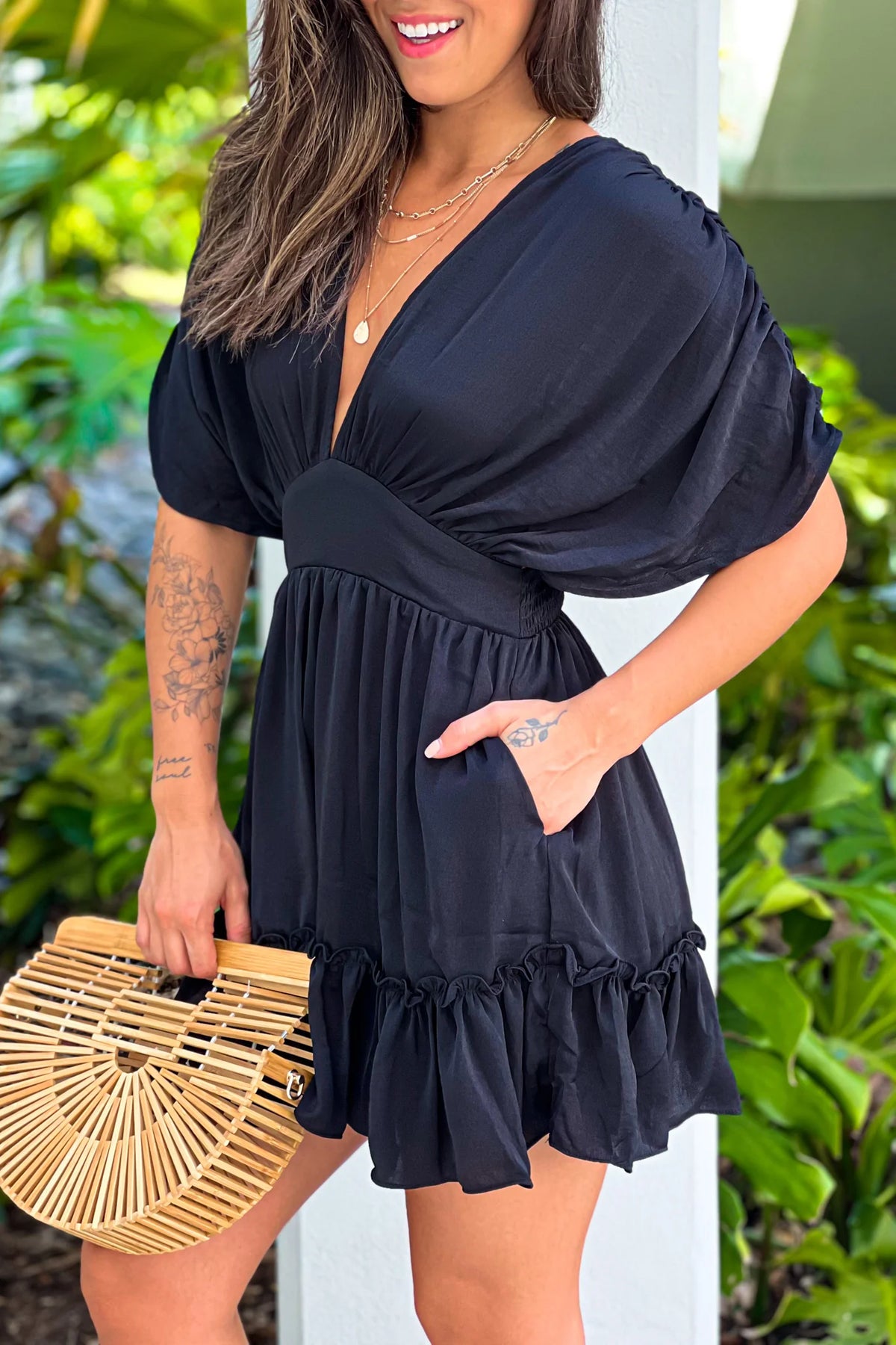 Black V Neck Short Dress With Pockets
