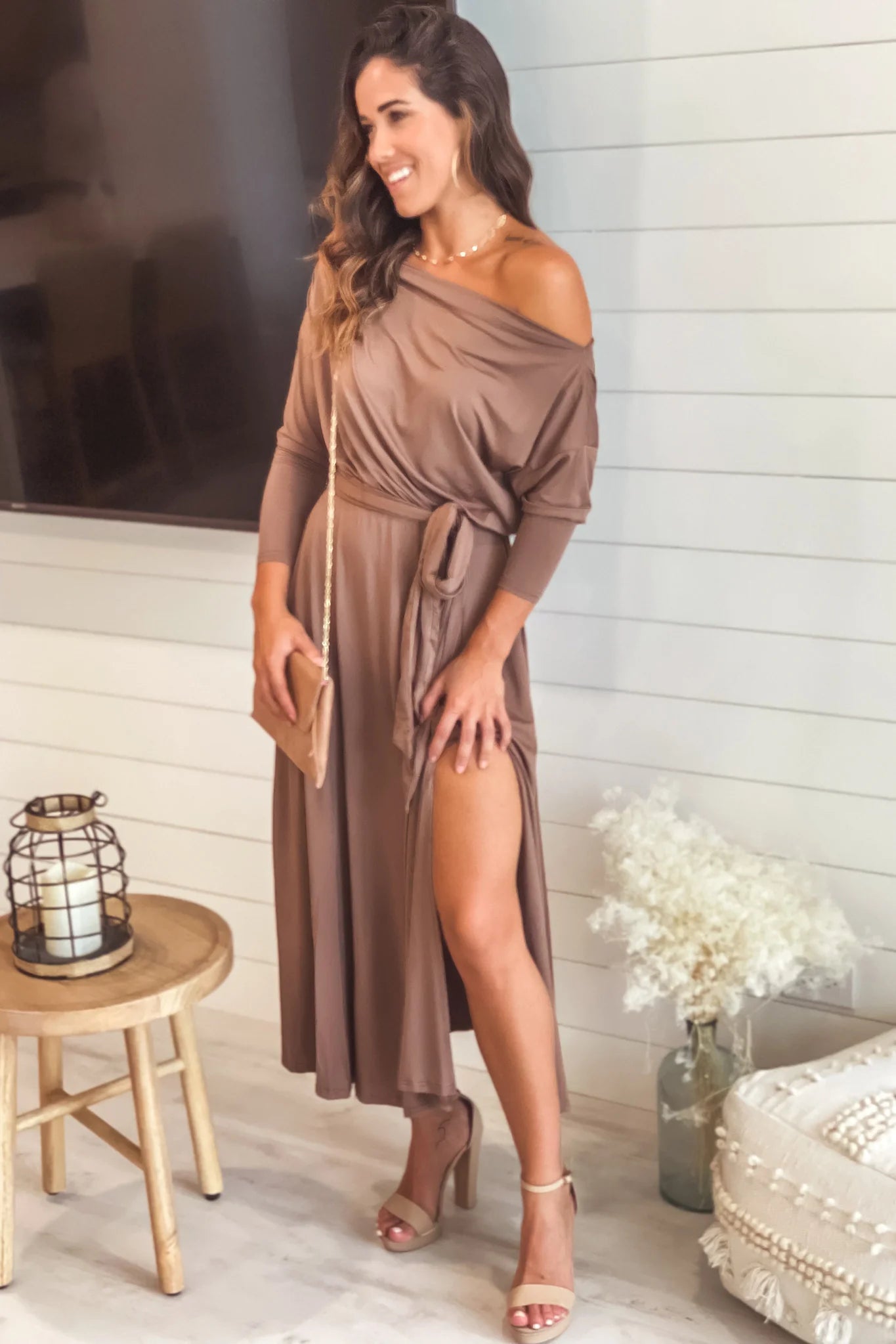 Mocha One Shoulder Midi Dress With Belt