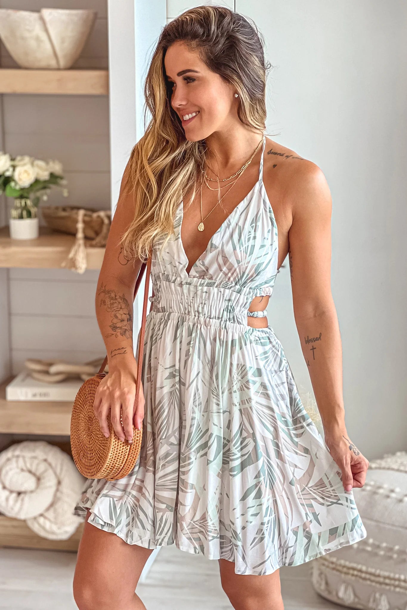 Ivory and Sage Printed Short Dress With Open Back