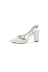 Pointed Toe Beaded Slip on Satin Chunky Heels