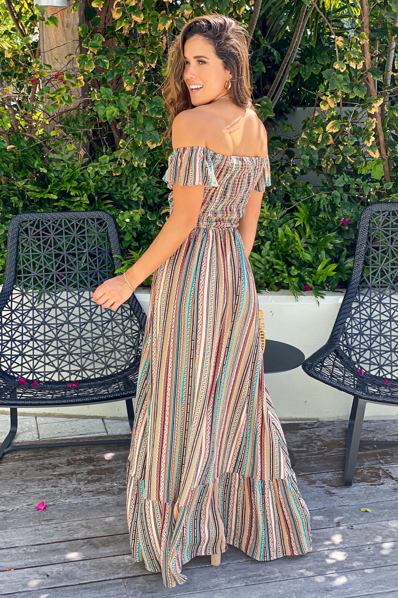 Multicolor Smocked Off Shoulder Maxi Dress