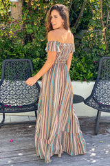 Multicolor Smocked Off Shoulder Maxi Dress