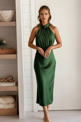 Hunter Green Mock Neck Satin Midi Dress