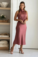 Mauve Mock Neck Satin Midi Dress