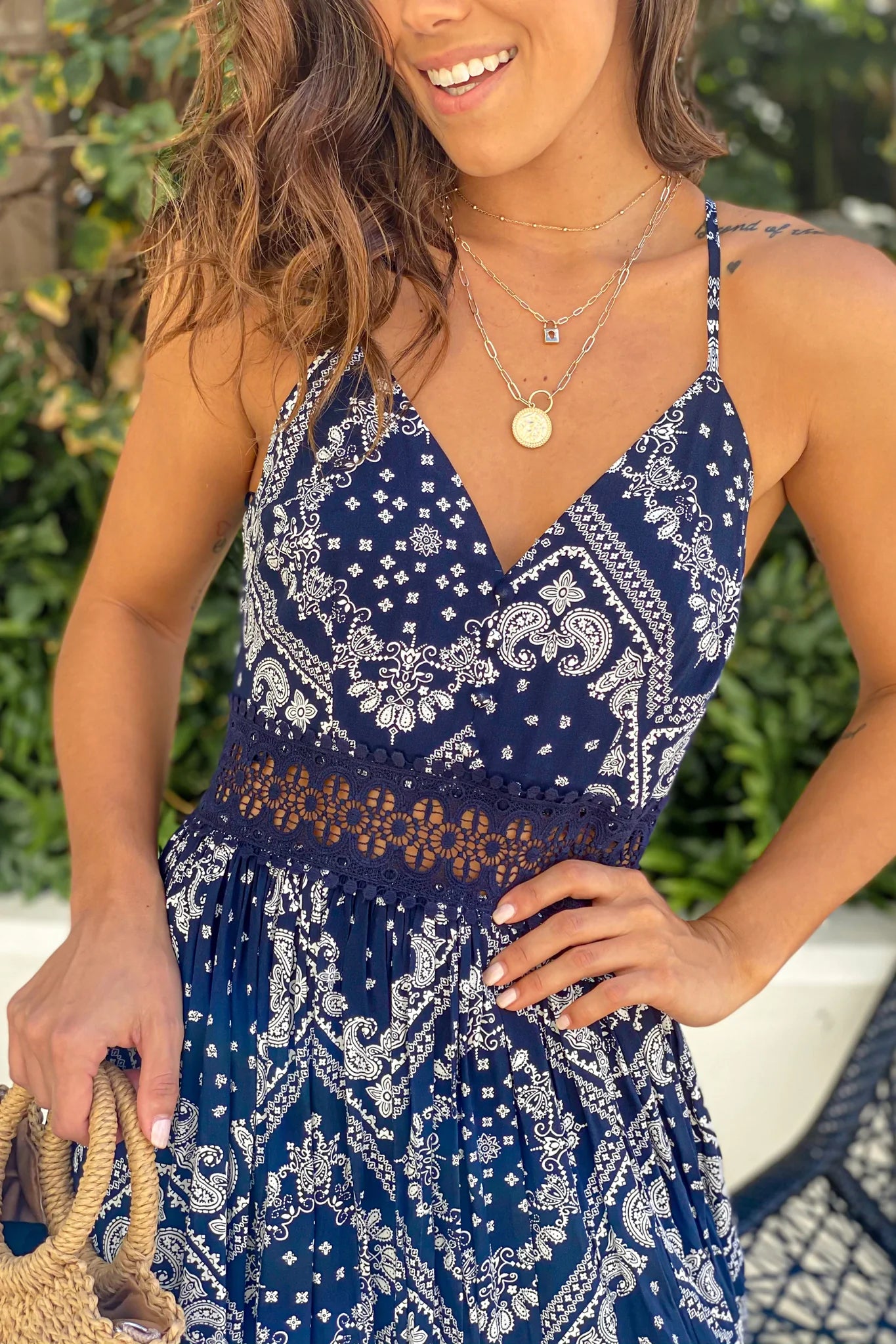 Navy Printed Maxi Dress With Crochet Waist