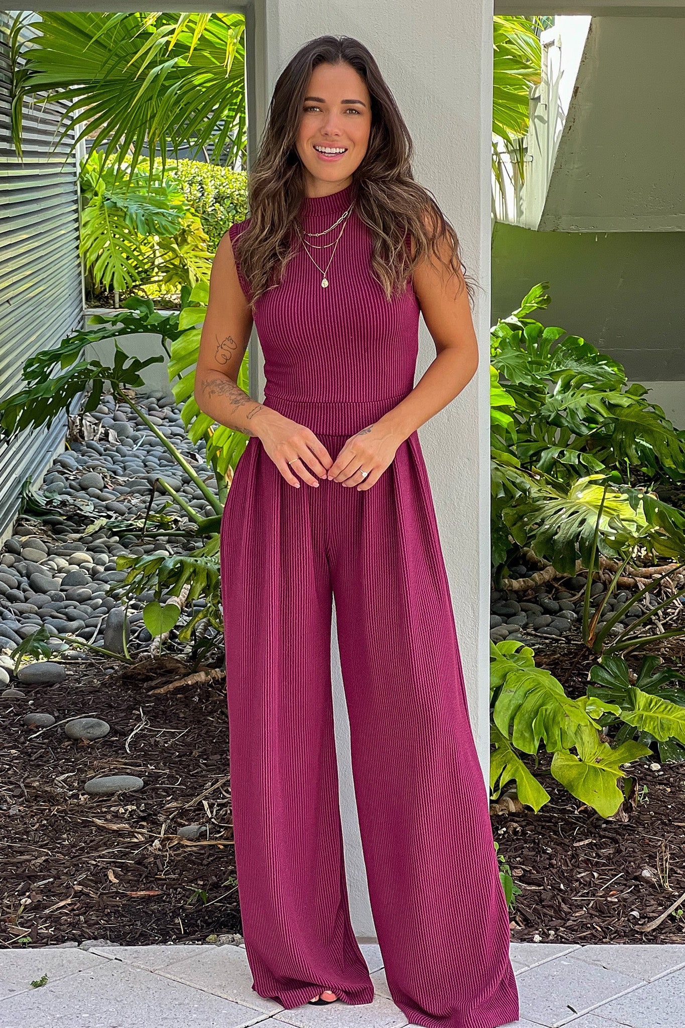 Wine Ribbed Jumpsuit