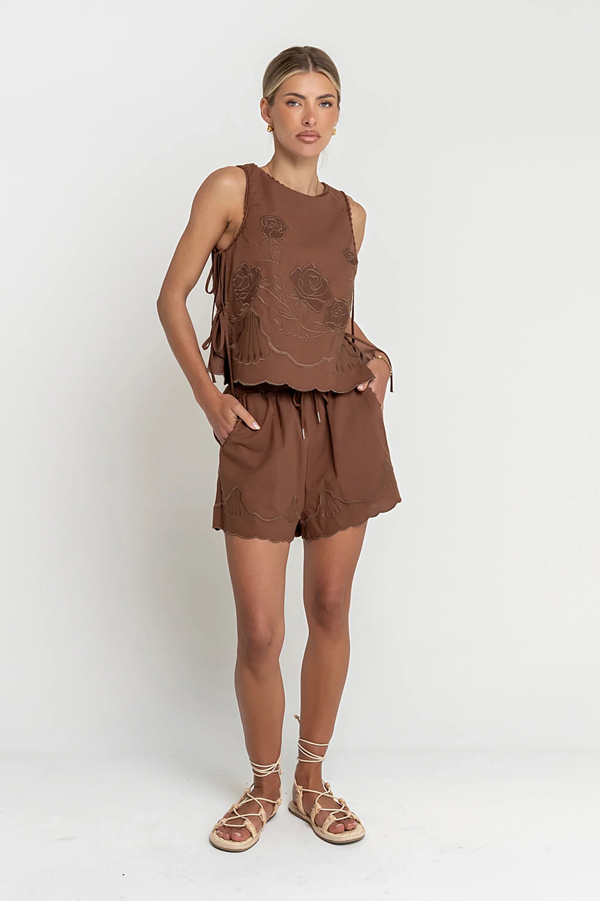 Rudy Embroidered Tank Top in Brown