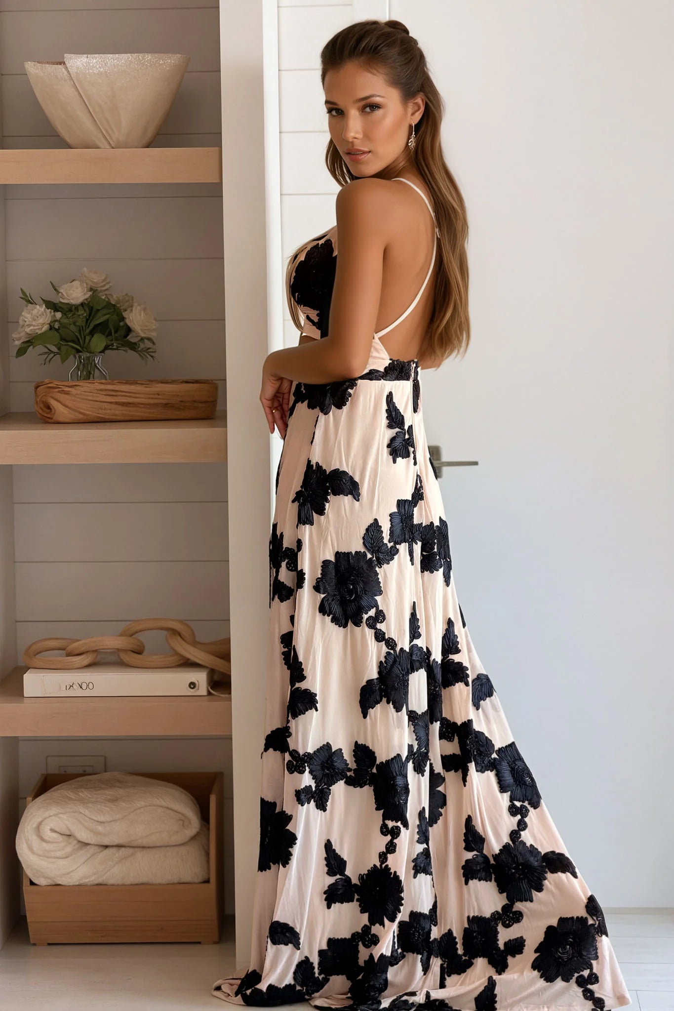 Black and Nude Floral Patterned Maxi Dress
