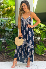 Navy Printed V Neck High Low Dress