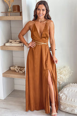 Ginger Satin Maxi Dress With Gold Tie Detail
