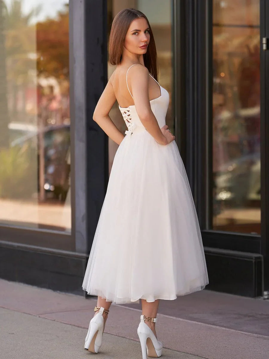 A Line Spaghetti Straps White Satin Tulle Tea Length Wedding Dresses