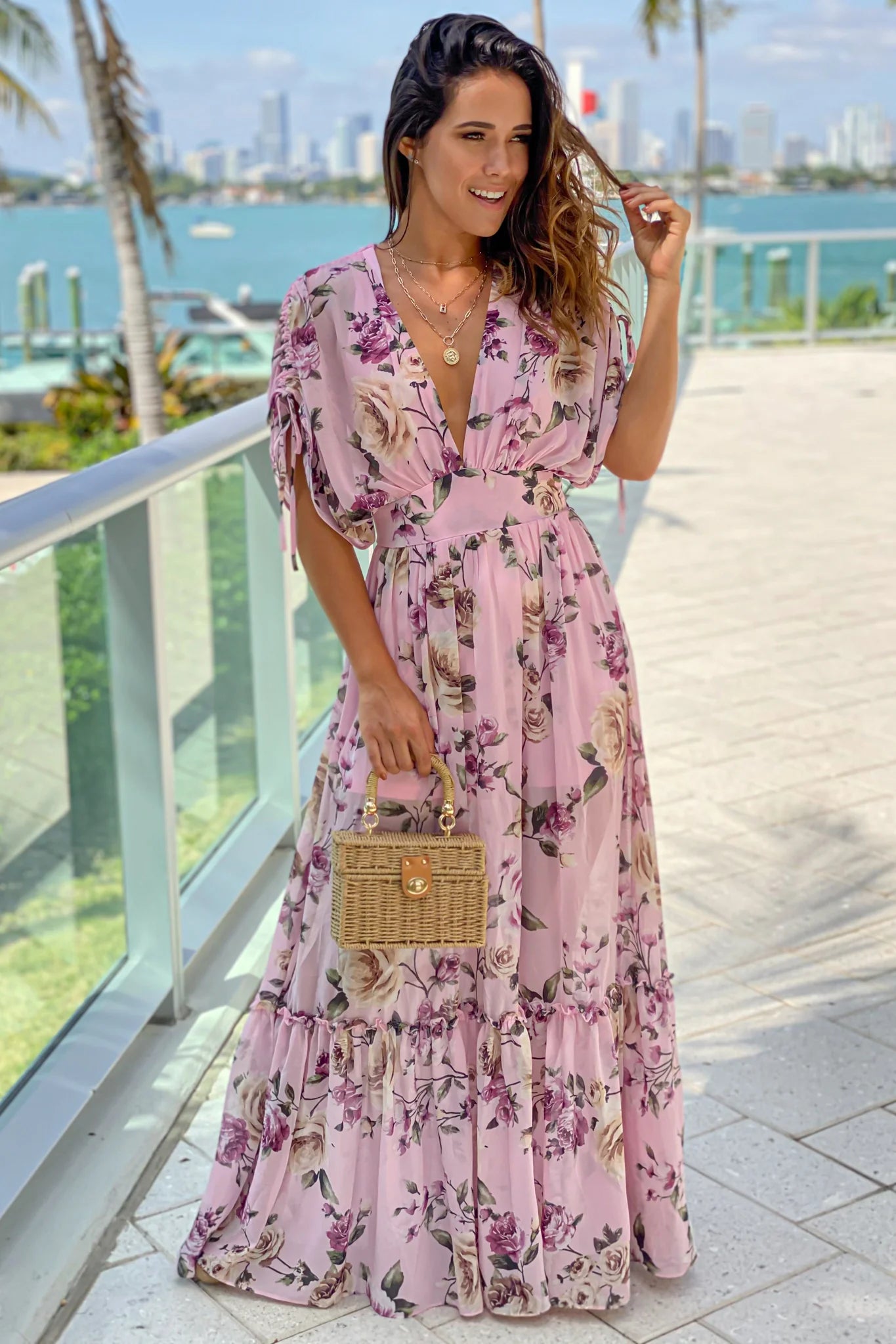 Pink Floral Maxi Dress With Dolman Sleeves