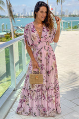 Pink Floral Maxi Dress With Dolman Sleeves