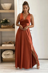 Brick V Neck Satin Maxi Dress