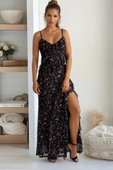 Black And Red Floral Ruffled Maxi Dress With Slit