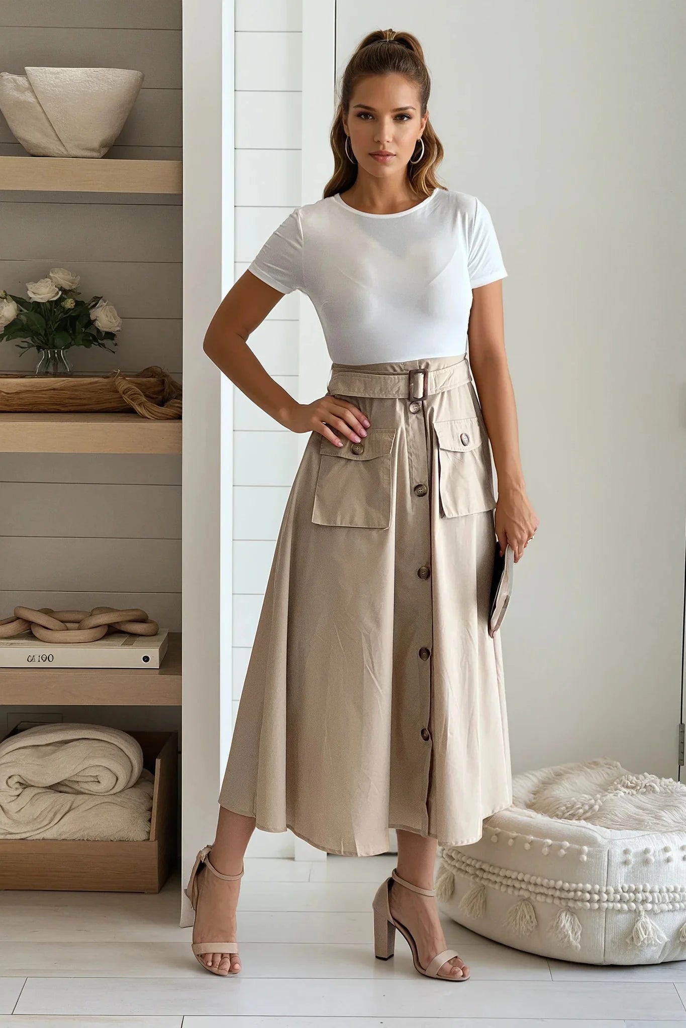Off White And Taupe Dress With Pockets