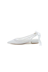 Satin Pointed Toe Mesh Low Heels With Bow