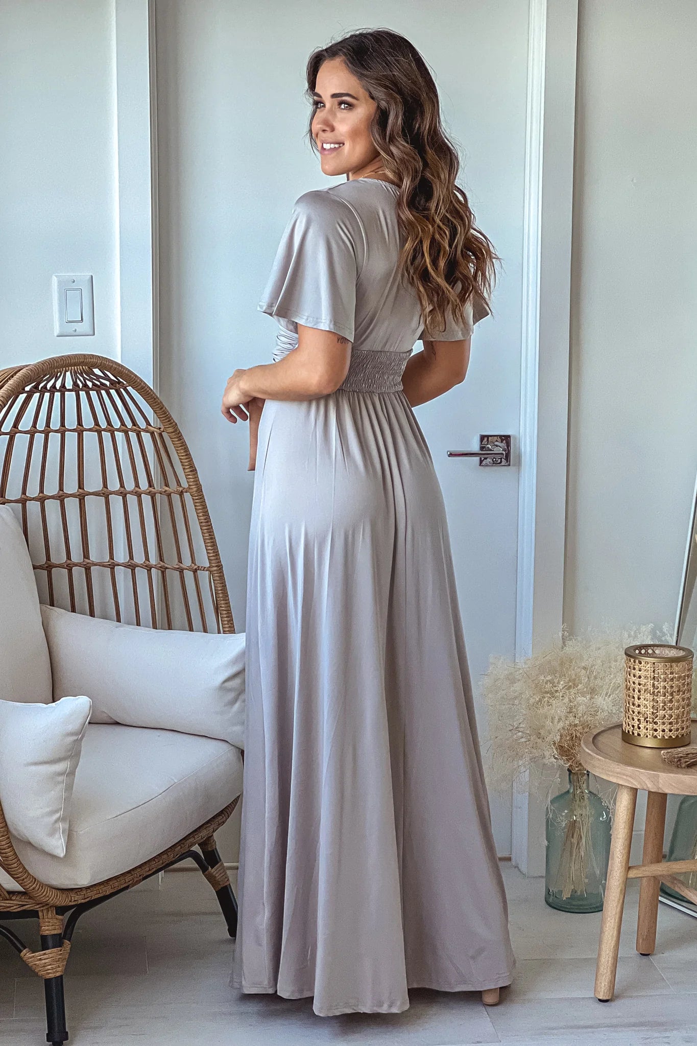 Gray Maxi Dress With Slit And Short Sleeves