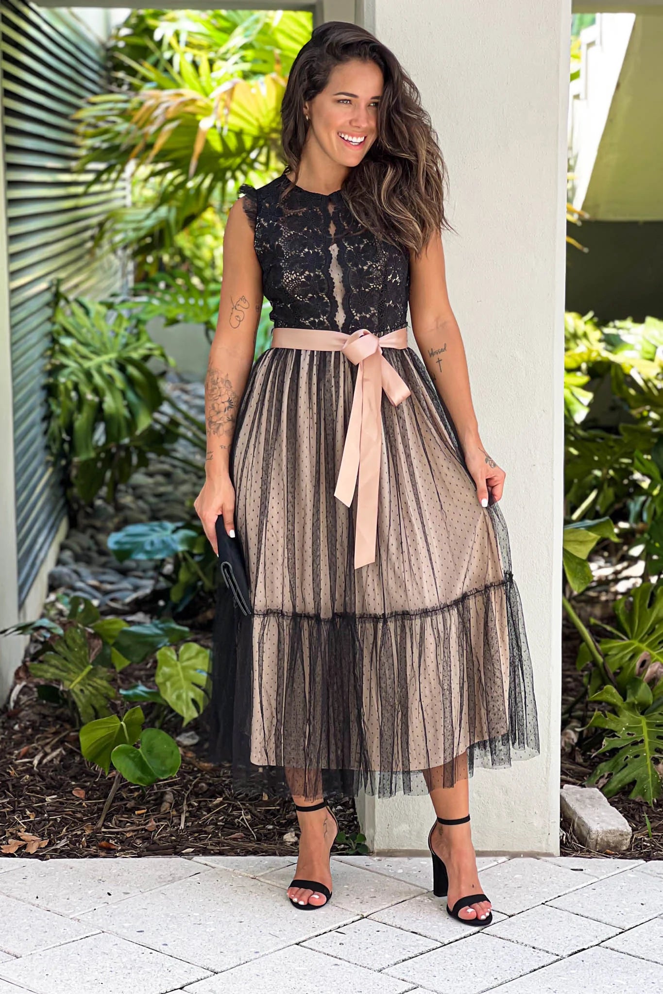Black Lace Dress With Satin Belt