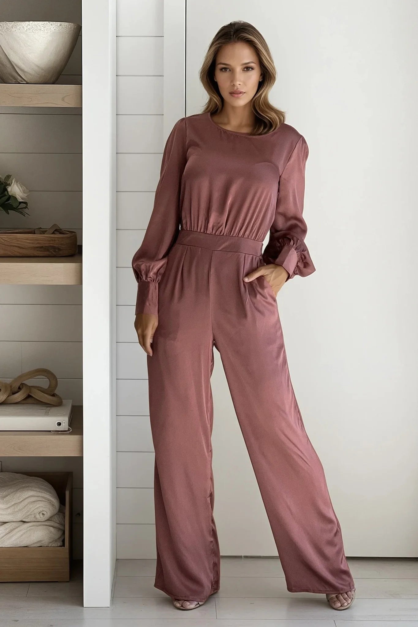 Mauve Satin Jumpsuit With Puff Sleeves