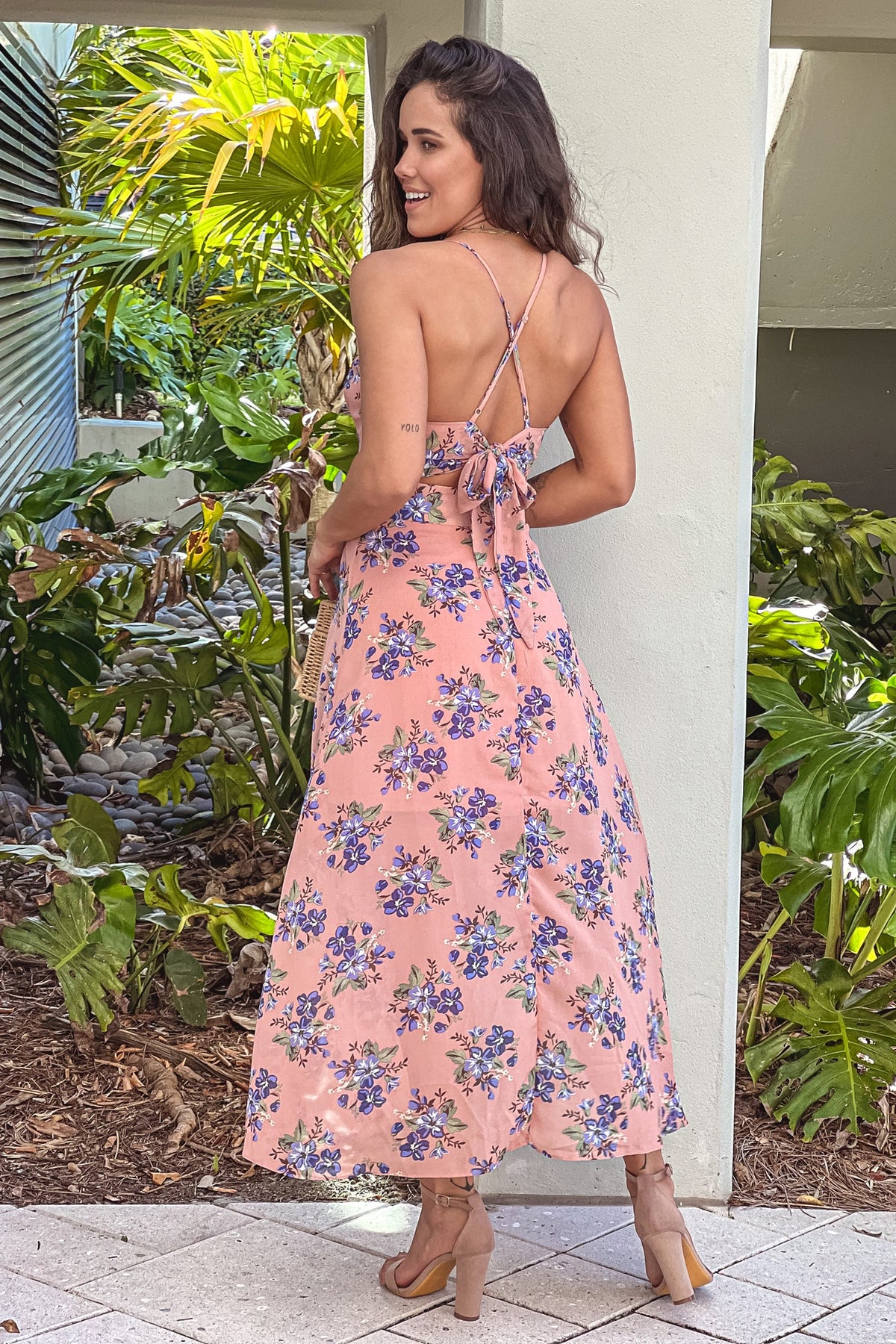 Pink Floral High Low Dress With Criss Cross Back