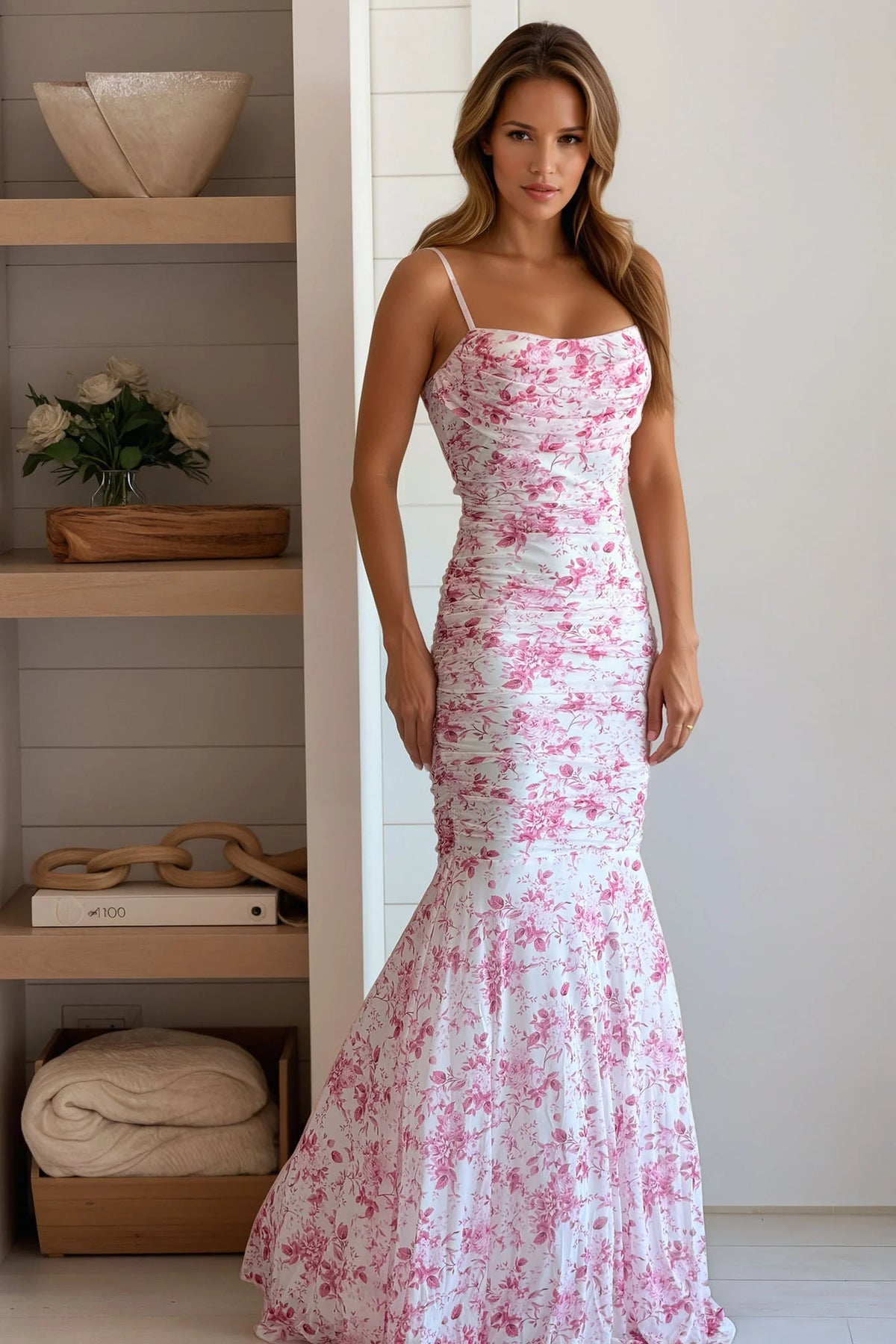 Pink Floral Pleated Mermaid Maxi Dress