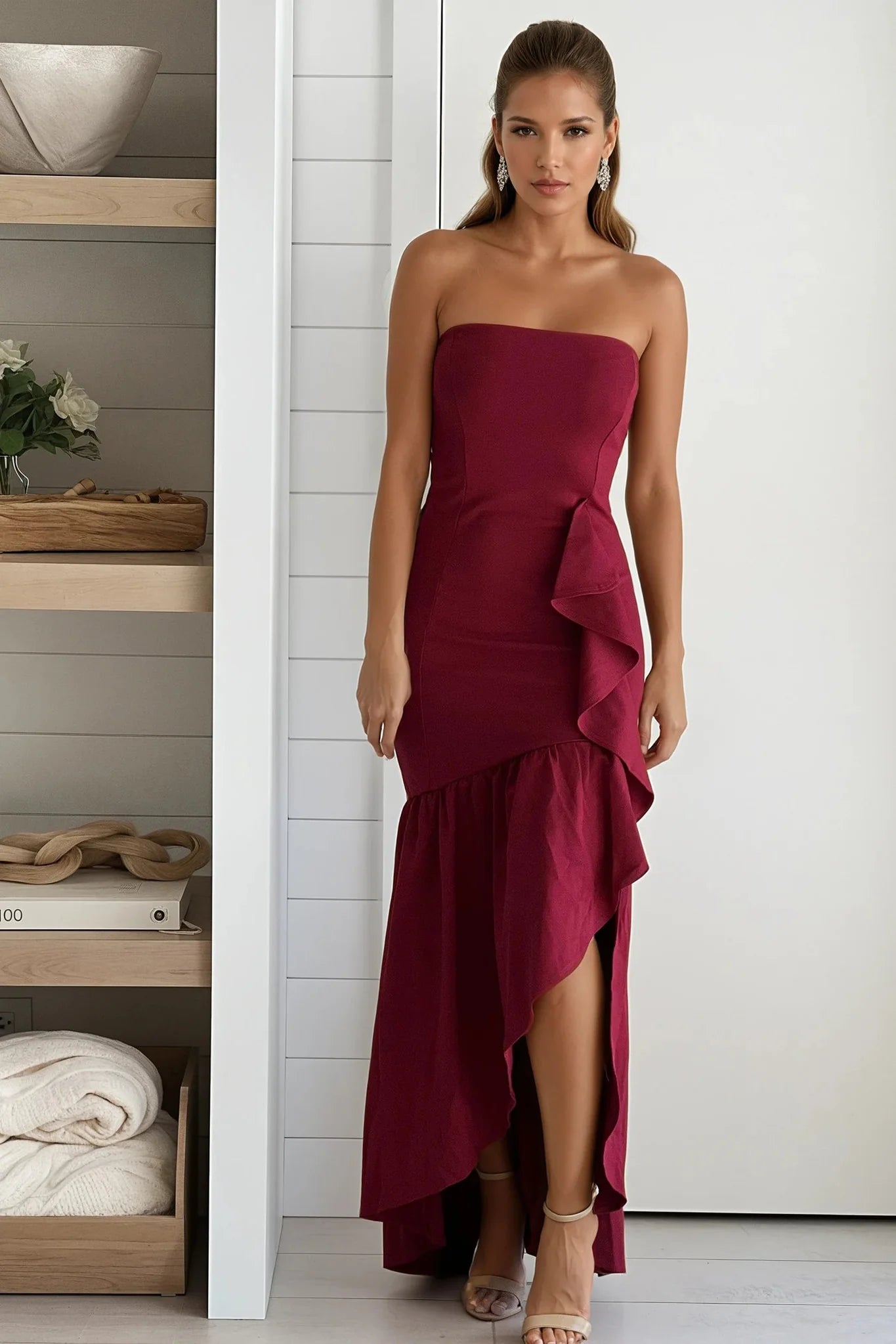 Wine Strapless Ruffled High Low Maxi Dress
