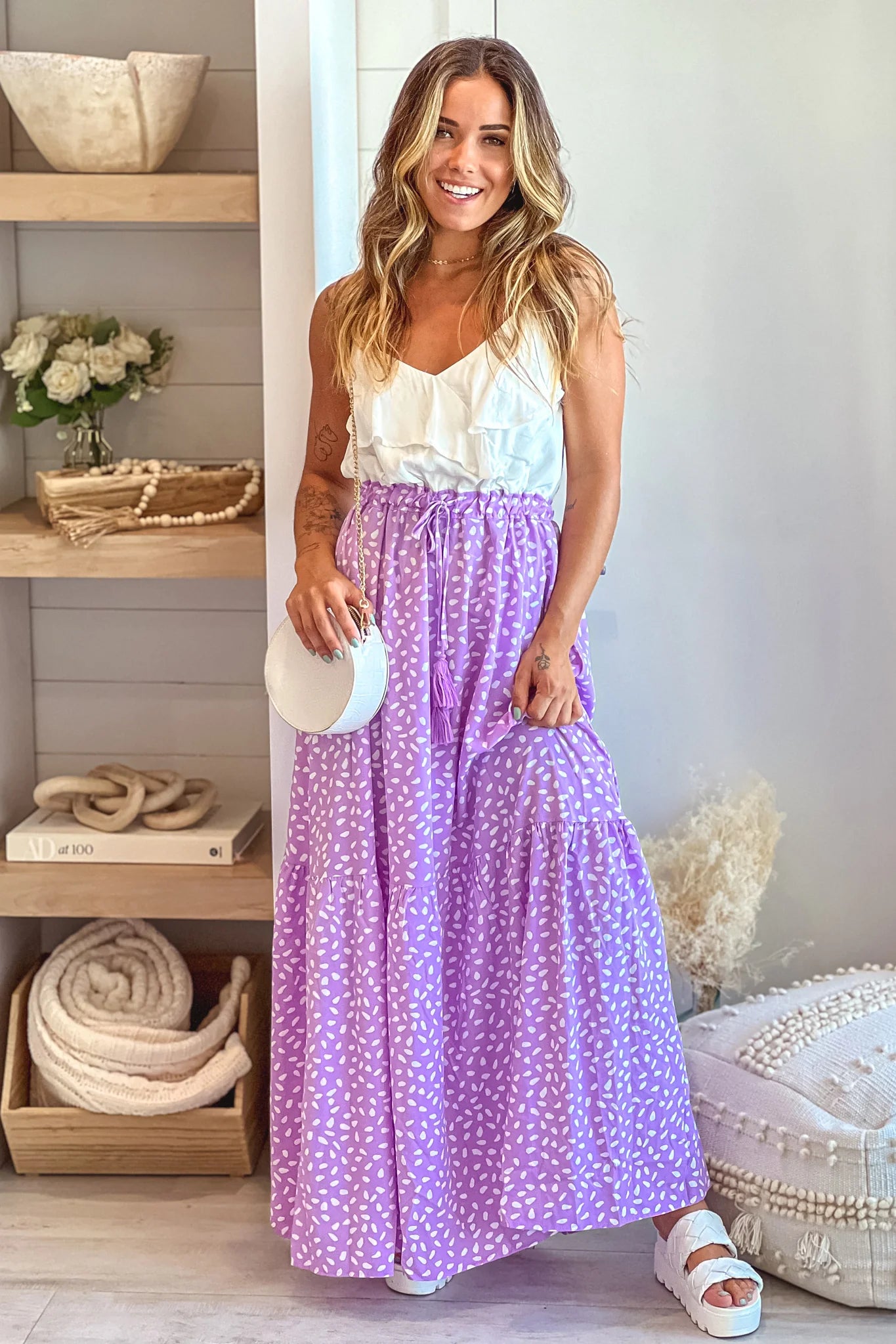 Lavender Printed Maxi Dress With Ruffled Top
