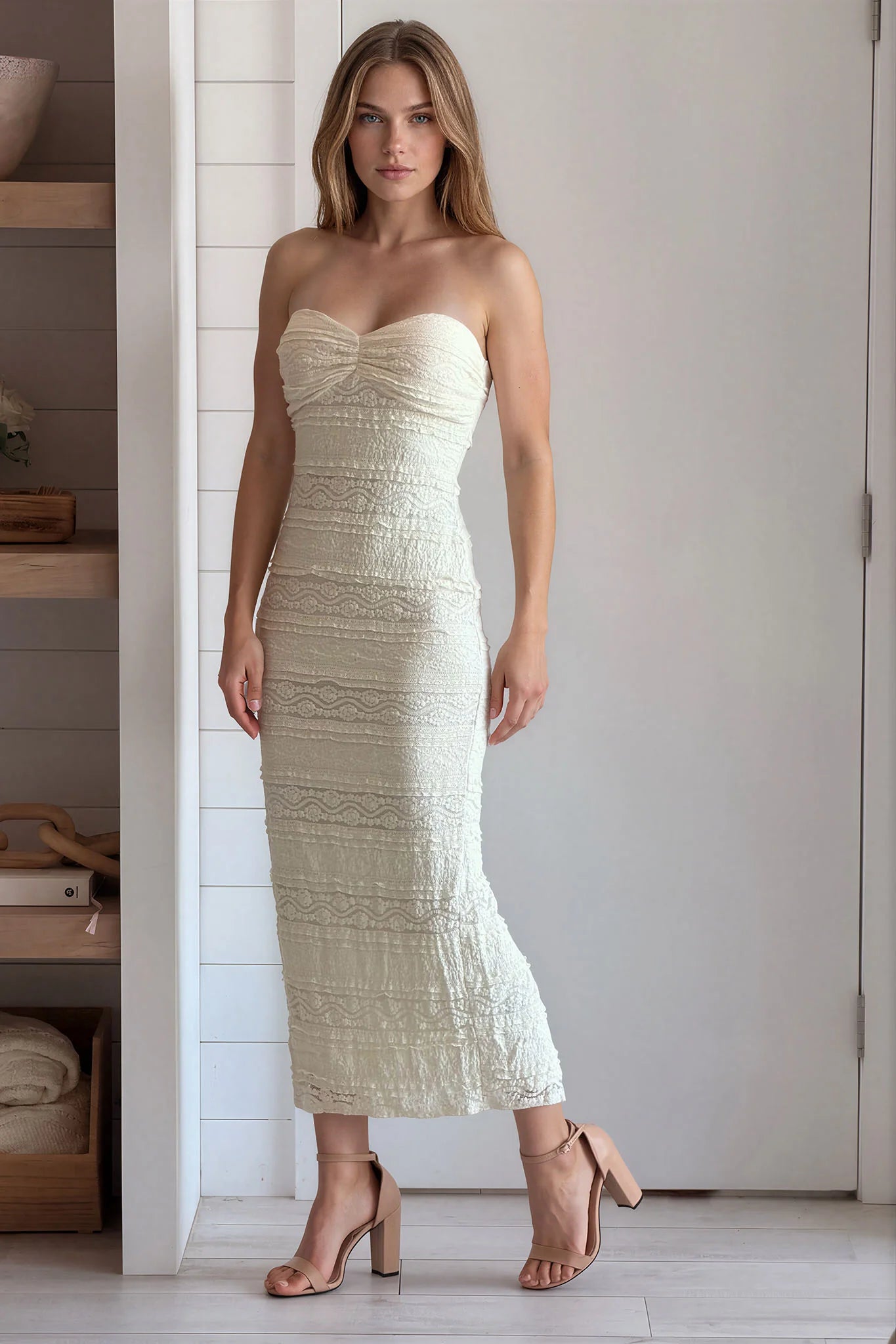 Ivory Knit Tube Midi Dress
