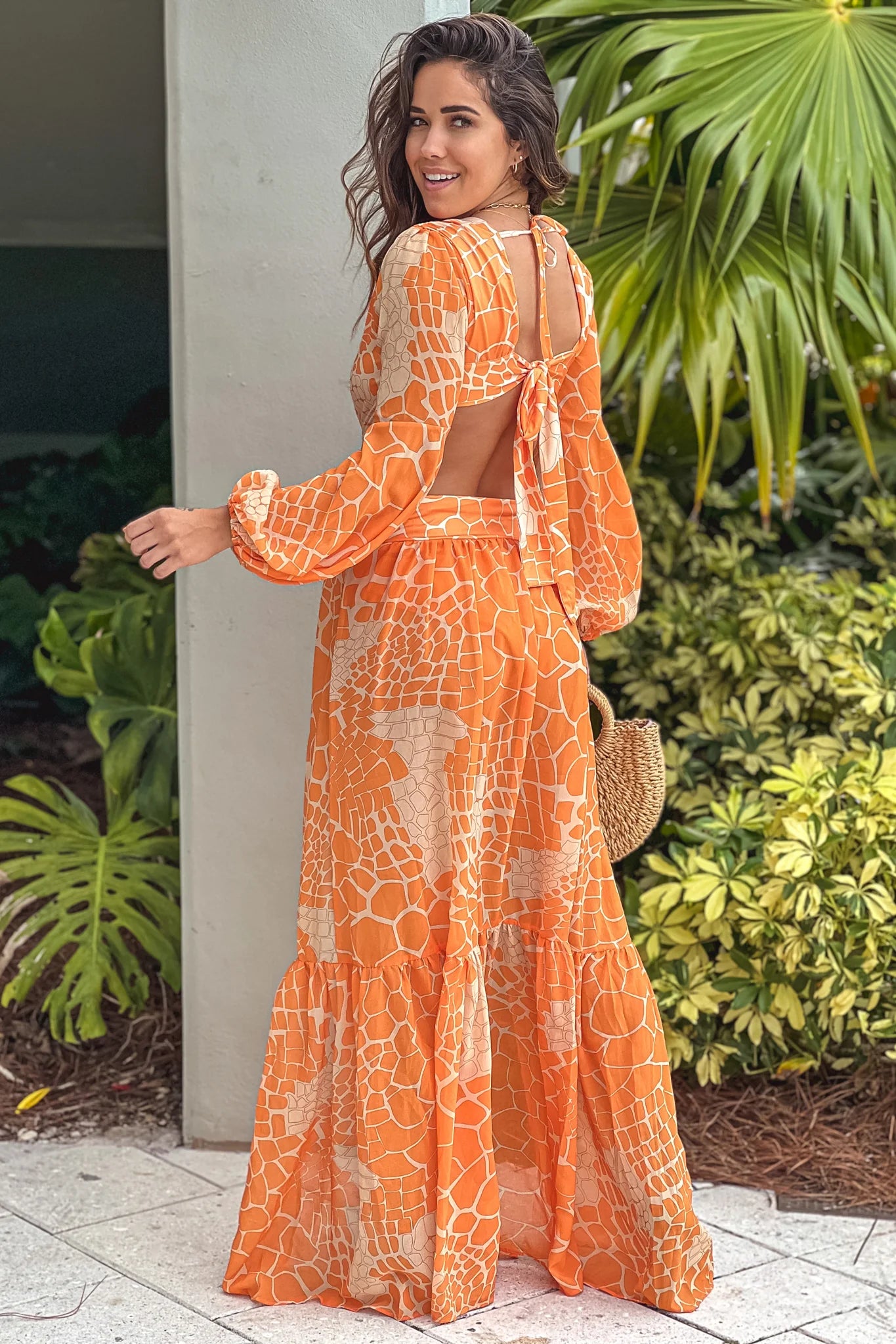 Orange Printed Maxi Dress with Cut Out